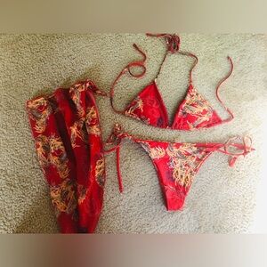 SHEIN Red Dragon Print Triangle Bikini Set with Sarong